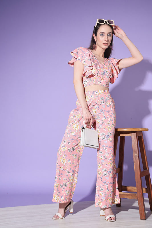 Baby Pink Designer Floral Printed Top And Bottom Co-Ord Set