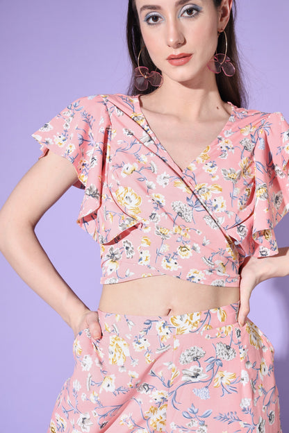 Baby Pink Designer Floral Printed Top And Bottom Co-Ord Set