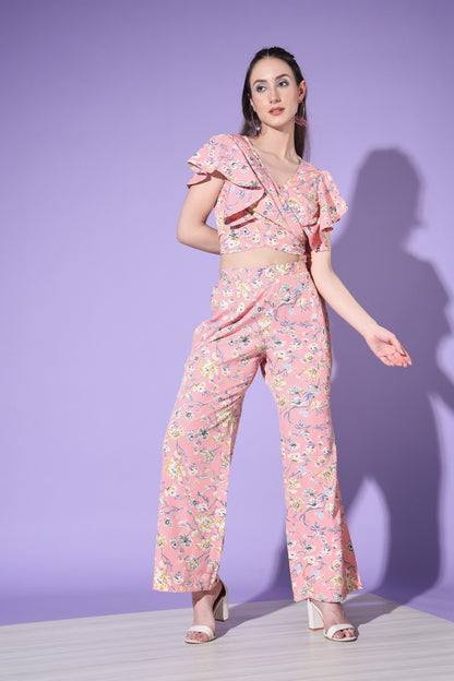 Baby Pink Designer Floral Printed Top And Bottom Co-Ord Set