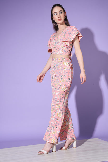 Baby Pink Designer Floral Printed Top And Bottom Co-Ord Set