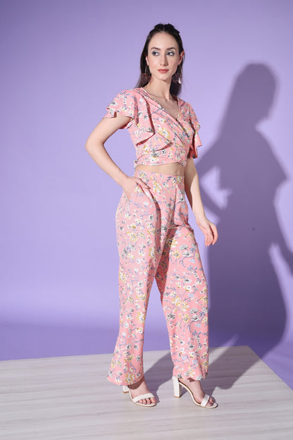 Baby Pink Designer Floral Printed Top And Bottom Co-Ord Set