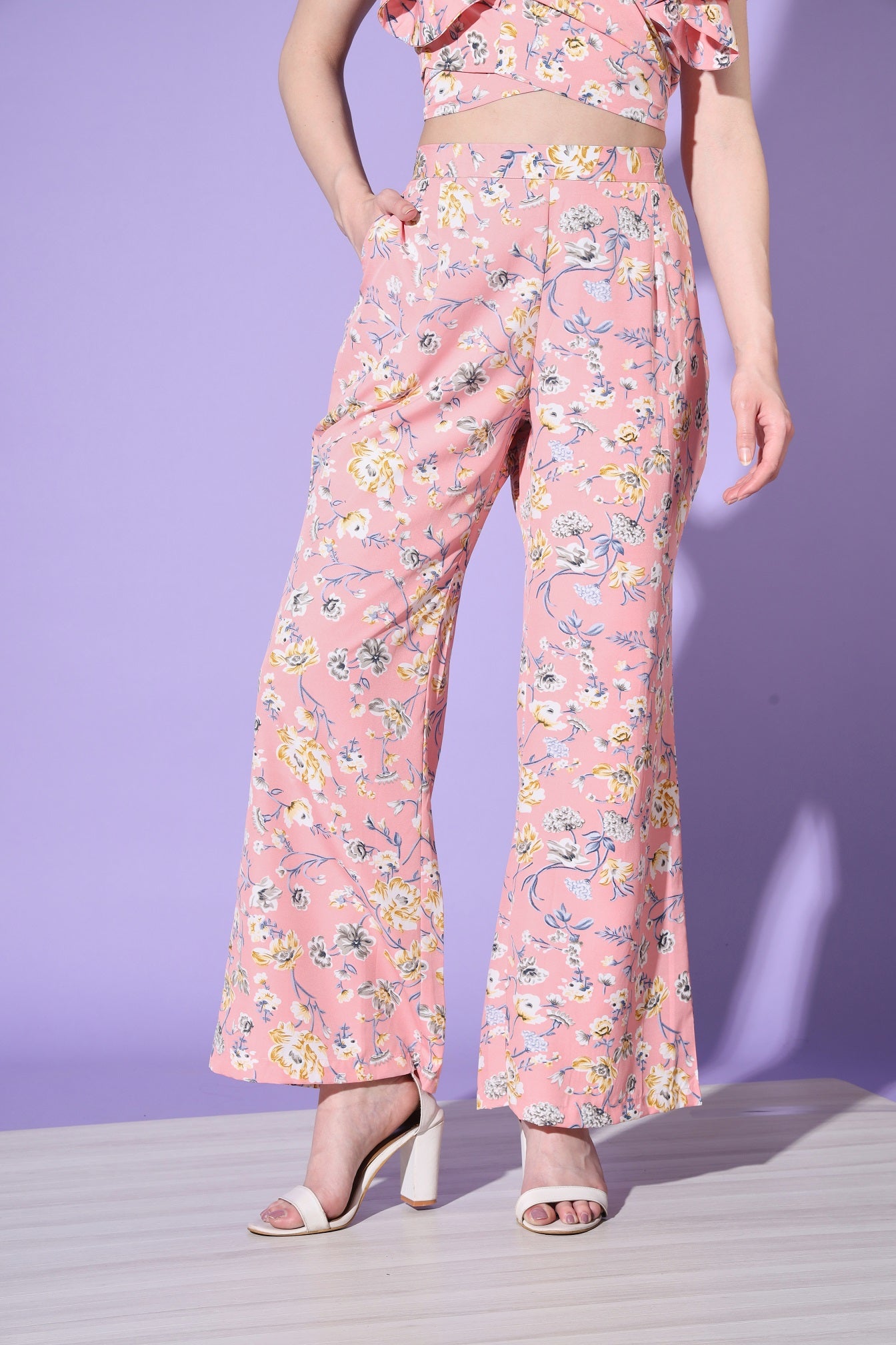 Baby Pink Designer Floral Printed Top And Bottom Co-Ord Set