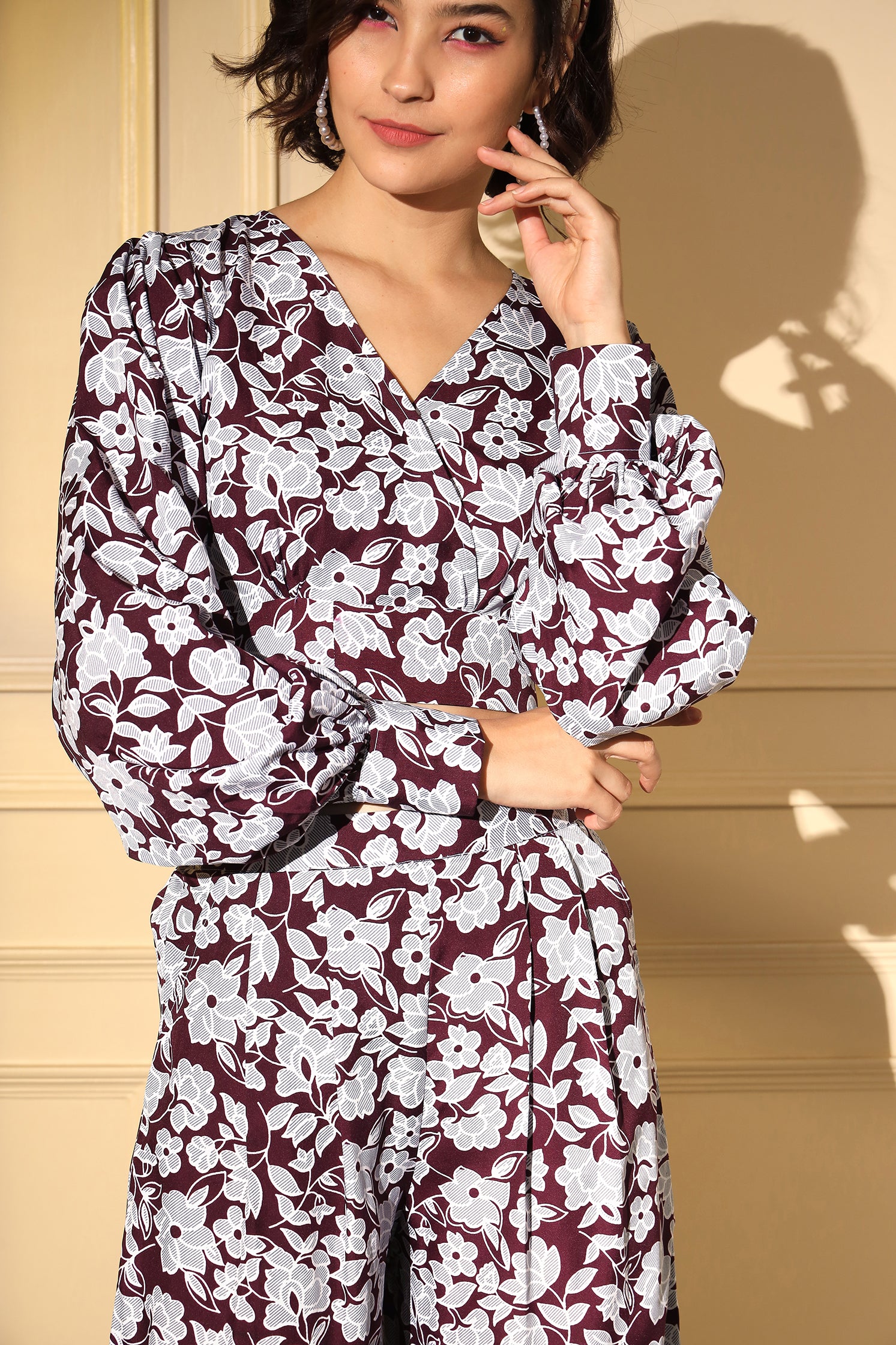 Maroon Color Western Wear Printed Work Co-Ord Set