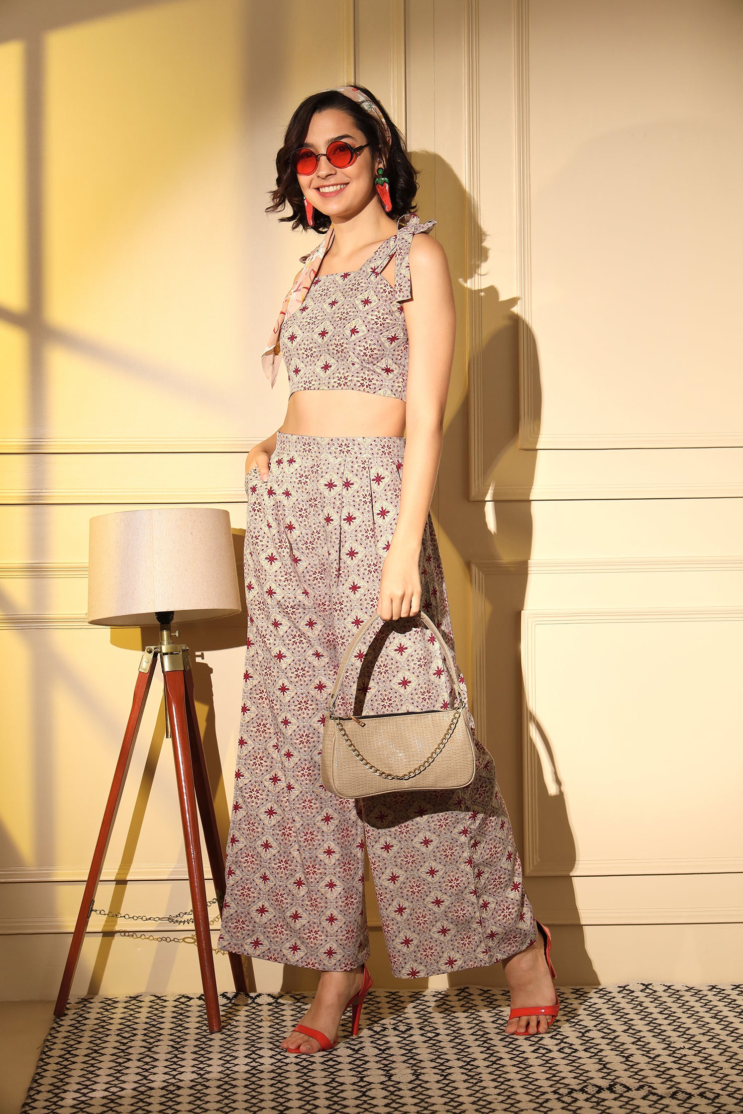 Beige Color Western Wear Printed Work Co-Ord Set