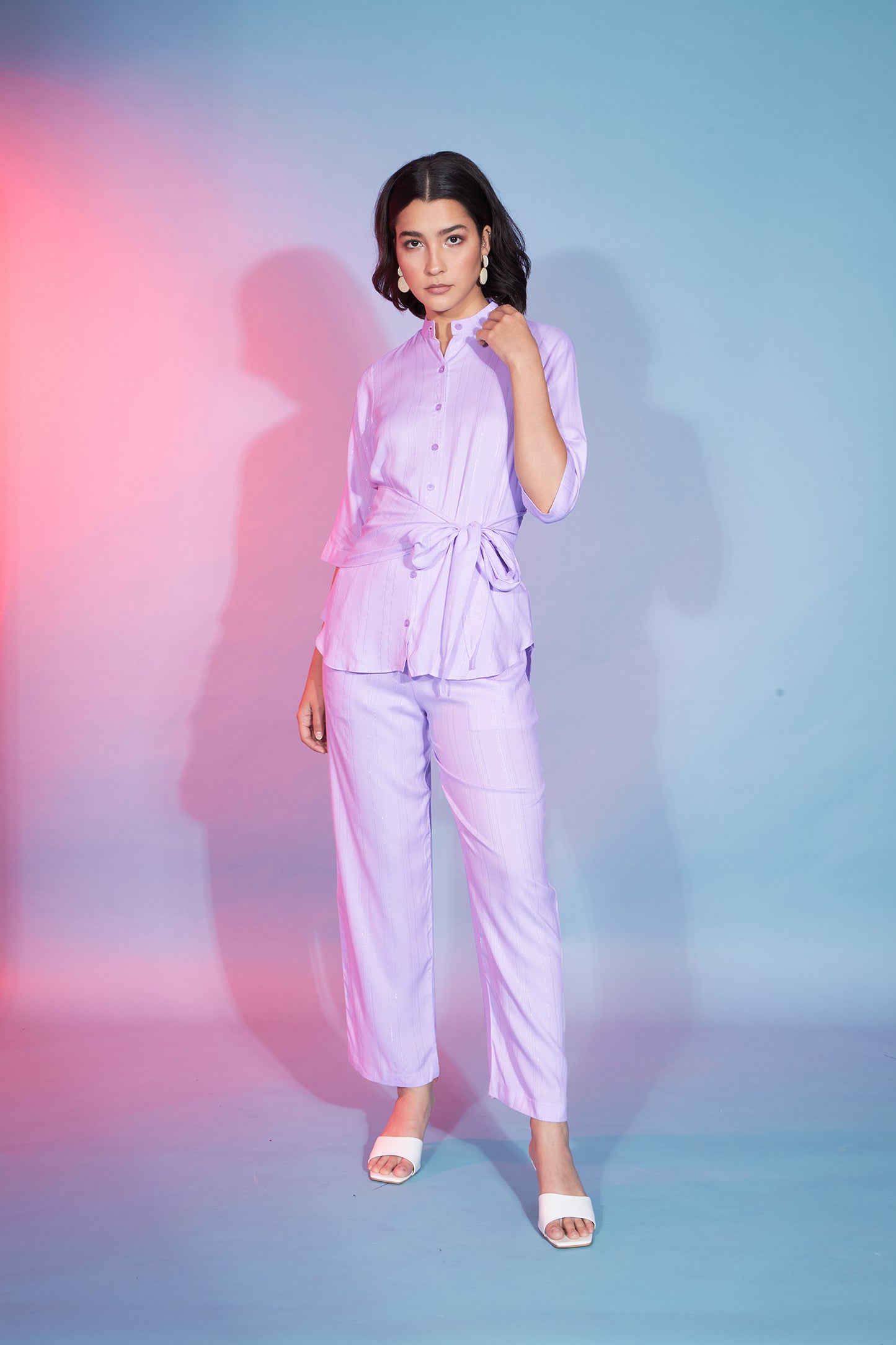 Lavender Viscose Rayon Self Design Knot Pattern Co-Ord Set