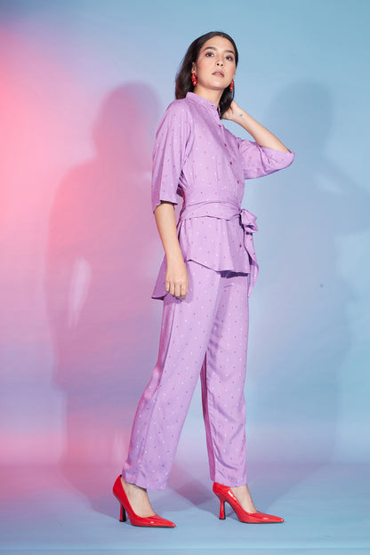 Mauve Viscose Rayon Self Design Knot Pattern Co-Ord Set