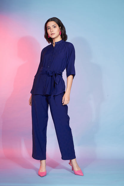 Navy Blue Viscose Rayon Self Design Knot Pattern Co-Ord Set