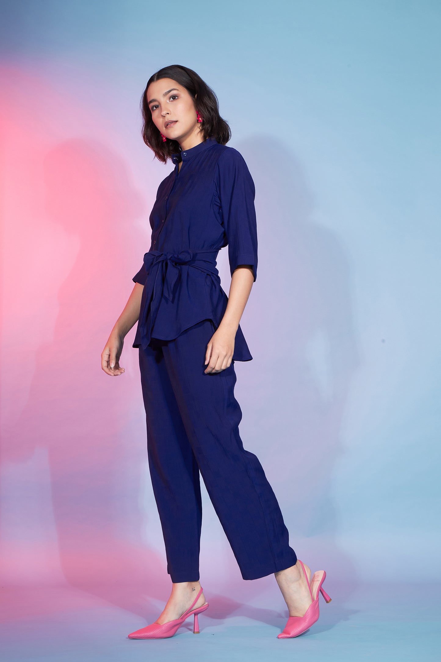 Navy Blue Viscose Rayon Self Design Knot Pattern Co-Ord Set