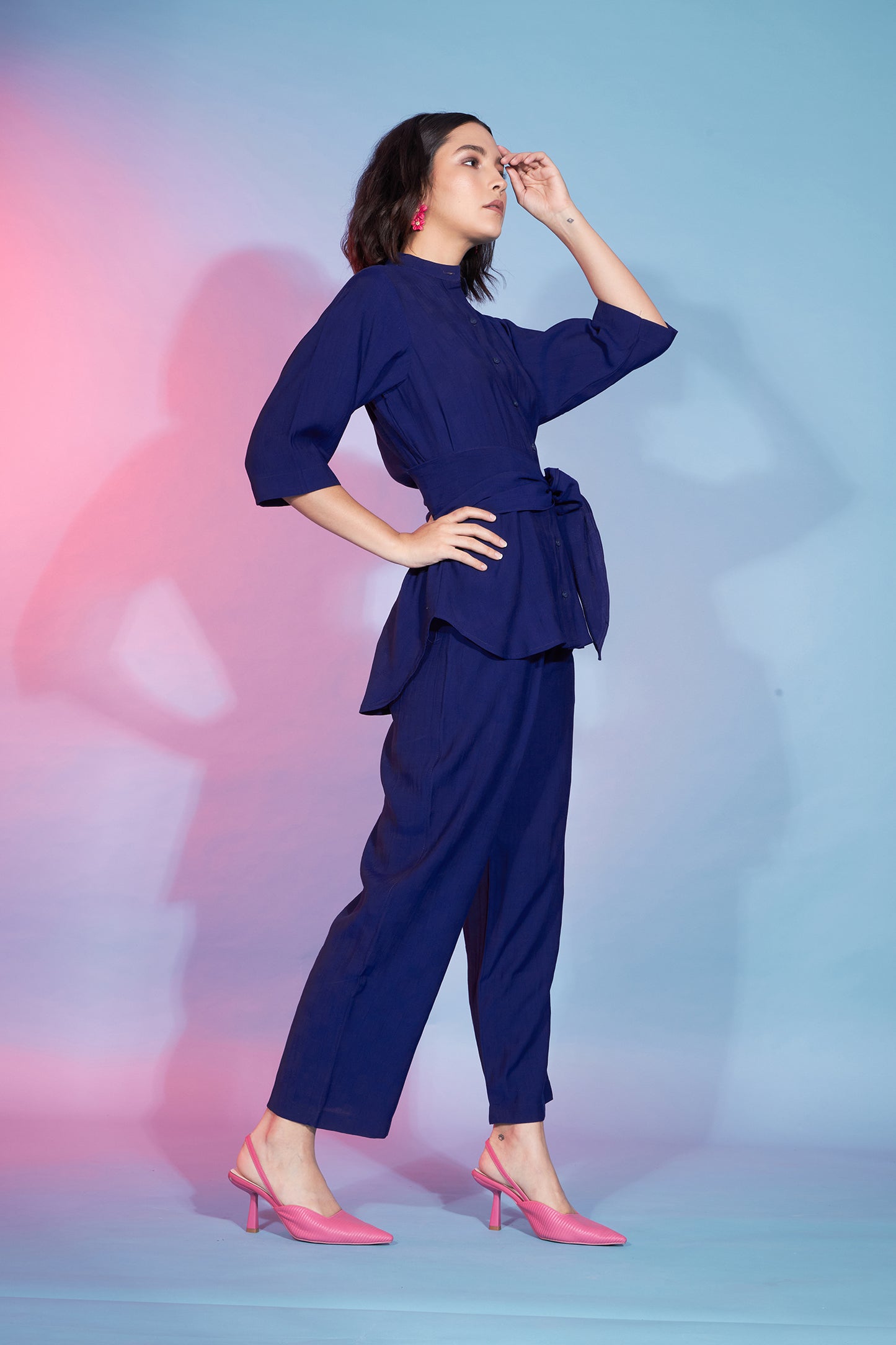 Navy Blue Viscose Rayon Self Design Knot Pattern Co-Ord Set