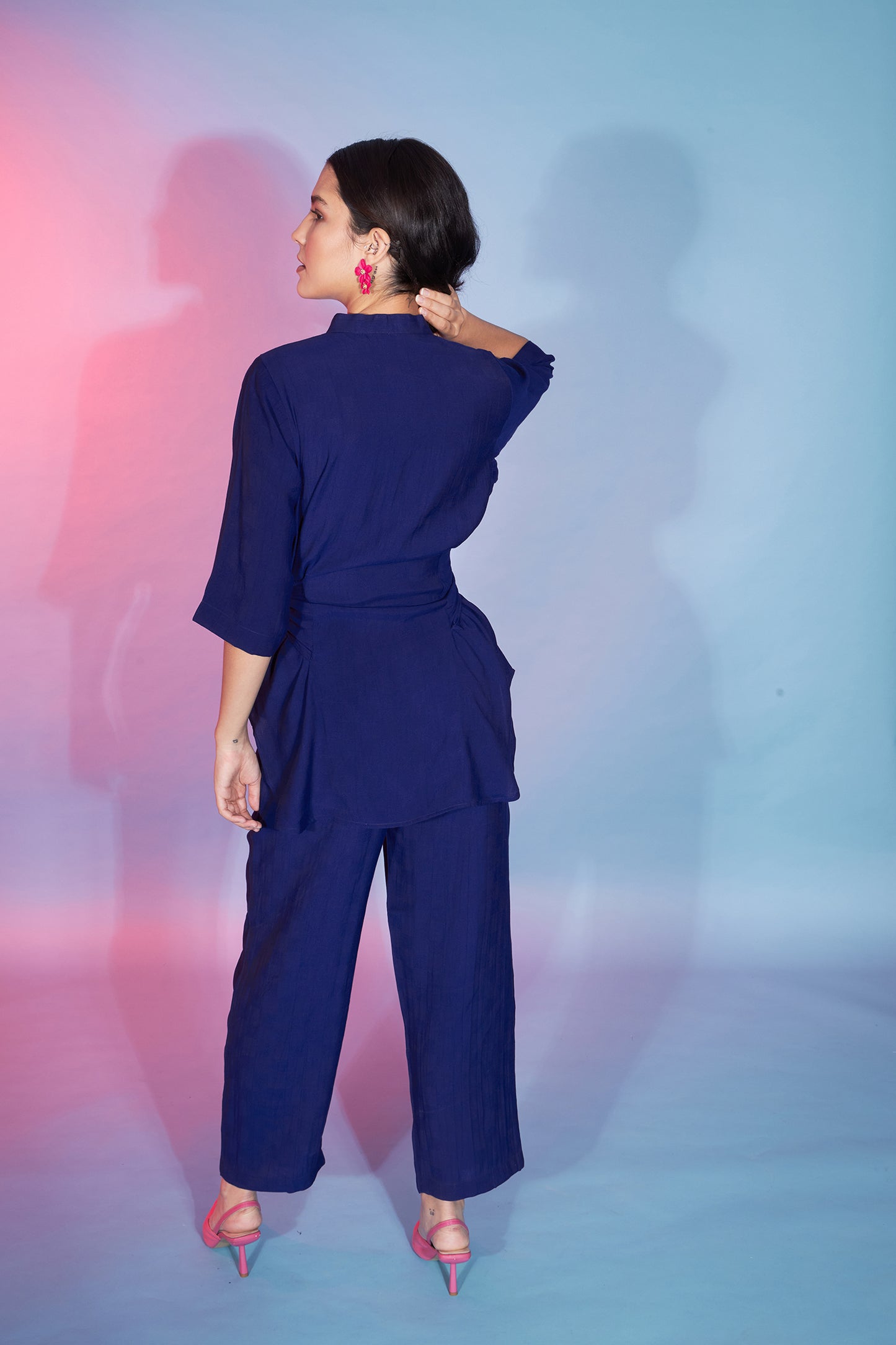 Navy Blue Viscose Rayon Self Design Knot Pattern Co-Ord Set