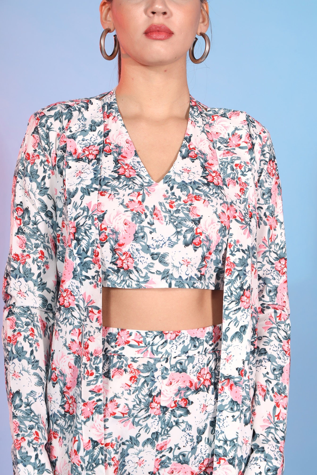 White Color Floral Printed Work Co-Ord Set