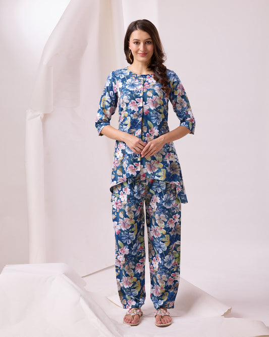 Glamorous Blue Digital Printed Cotton Top Palazzo Co-Ord Set