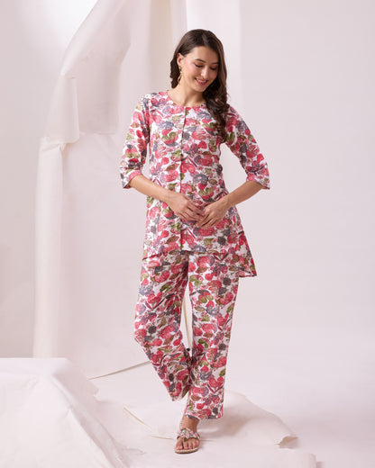 Glamorous Pink Digital Printed Cotton Top Palazzo Co-Ord Set