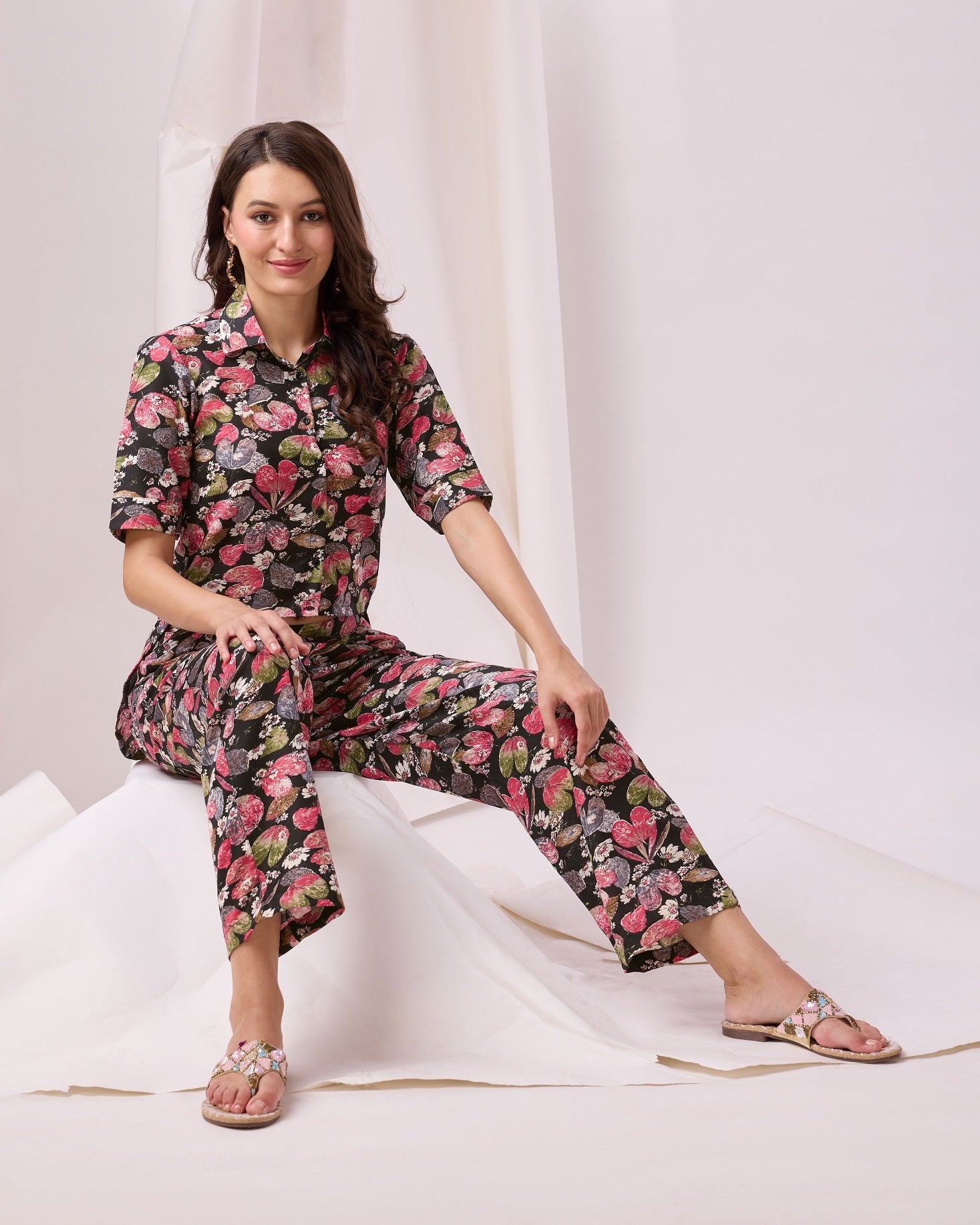 Glamorous Black Digital Printed Cotton Top Palazzo Co-Ord Set