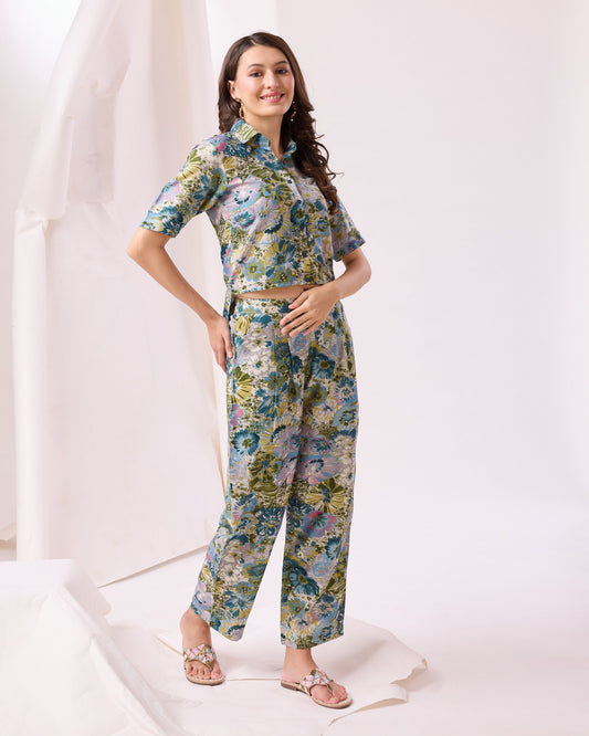 Glamorous Green Digital Printed Cotton Top Palazzo Co-Ord Set