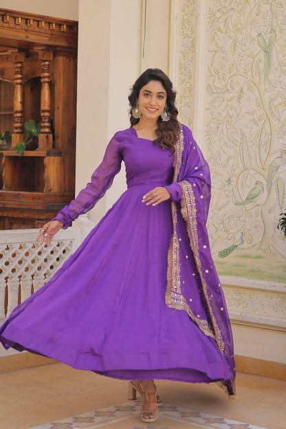 Purple Russian Silk Gown Dupatta With Attractive Embroidered Sequins Work With Lace Border