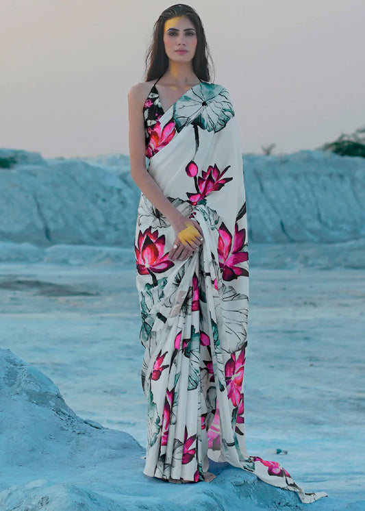 Daisy White Color Polka Dot Pure Sattin Crepe Saree And Digital Print Blouse
