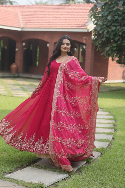 Pink Faux Blooming Gown With Dupatta With Attractive Embroidered Sequins Work With Lace Border