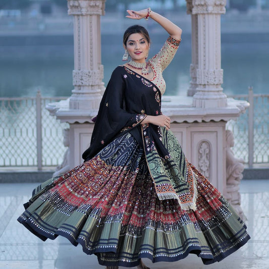 Black Fancy Digital Print And Real Mirror Hand Work Lahengha Choli With Dupatta