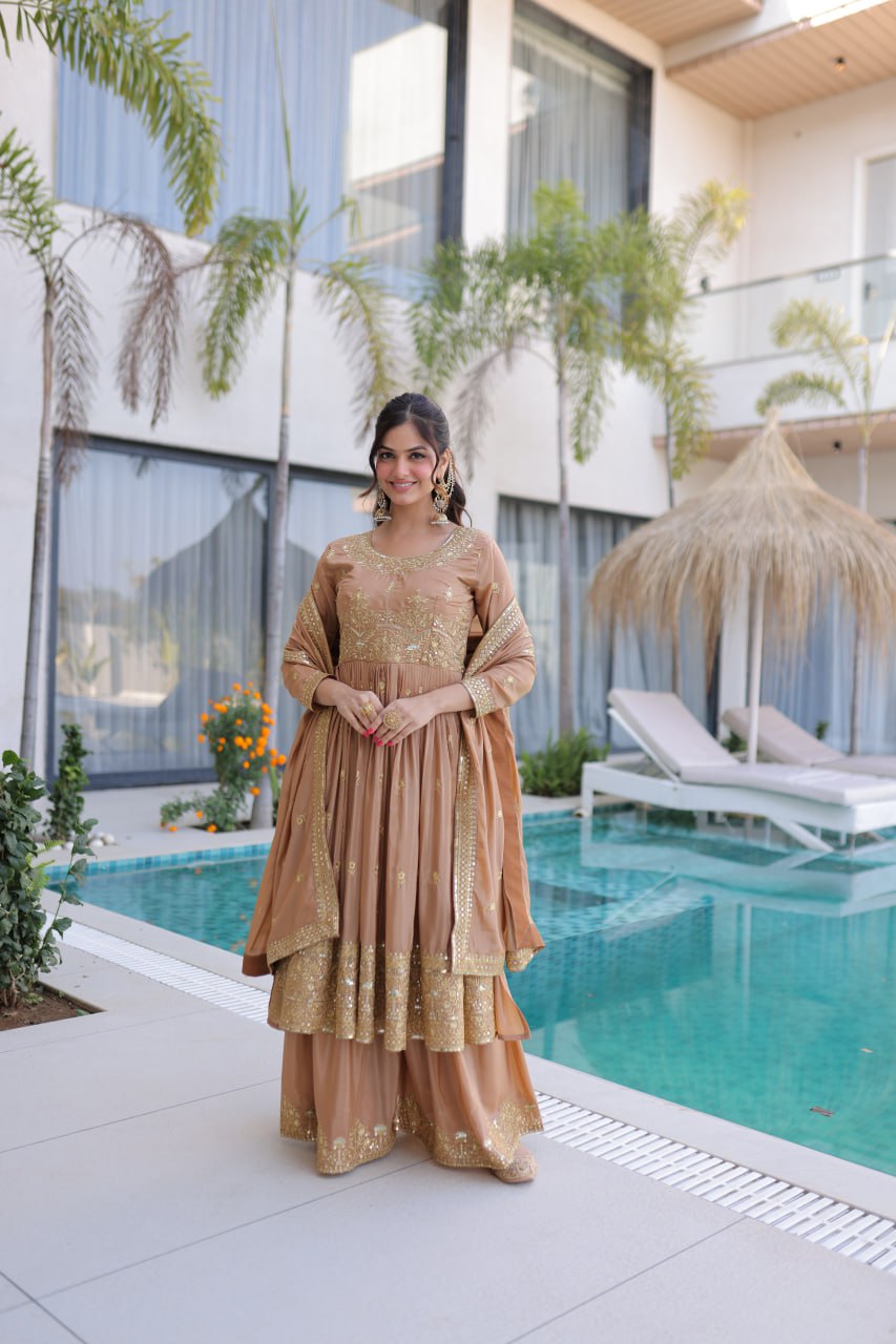 Peach Super Silk With Rich Sequins Embroidered Work Sharara