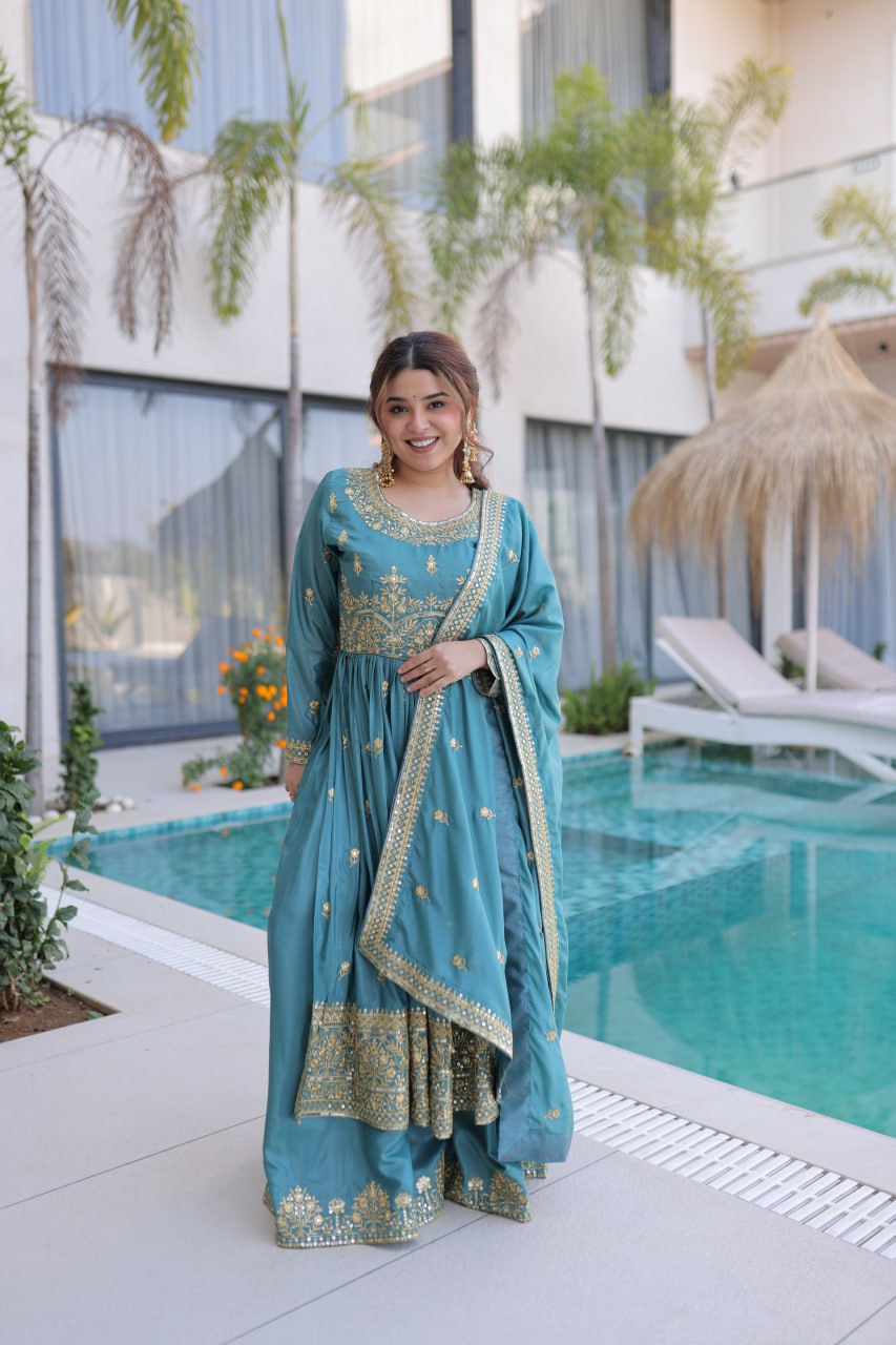 Sky Super Silk With Rich Sequins Embroidered Work Sharara