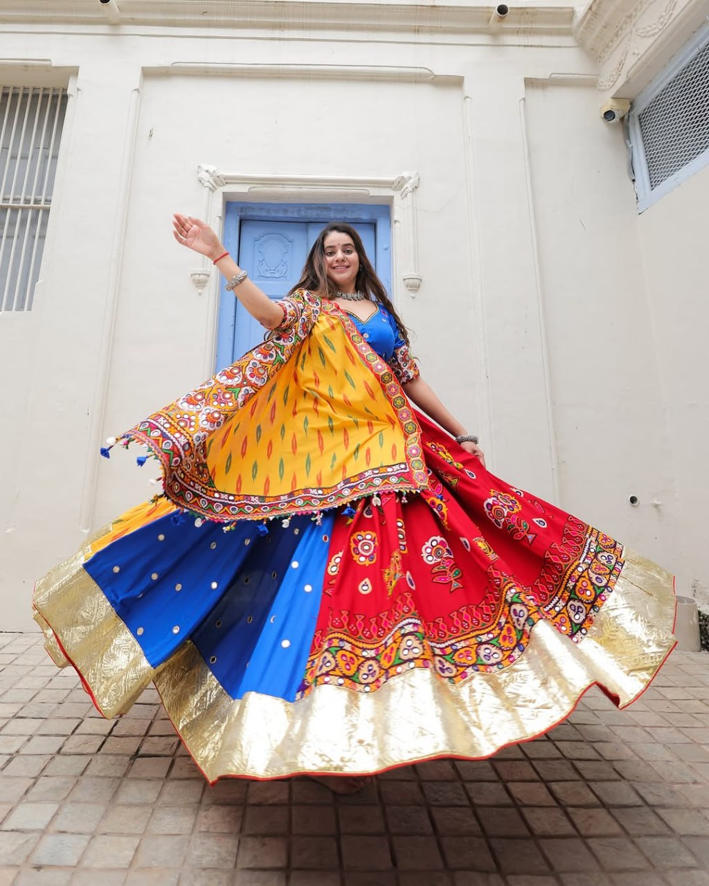 Blue Red Fancy Digital Print Real Mirror Work Navaratri Lehenga Choli