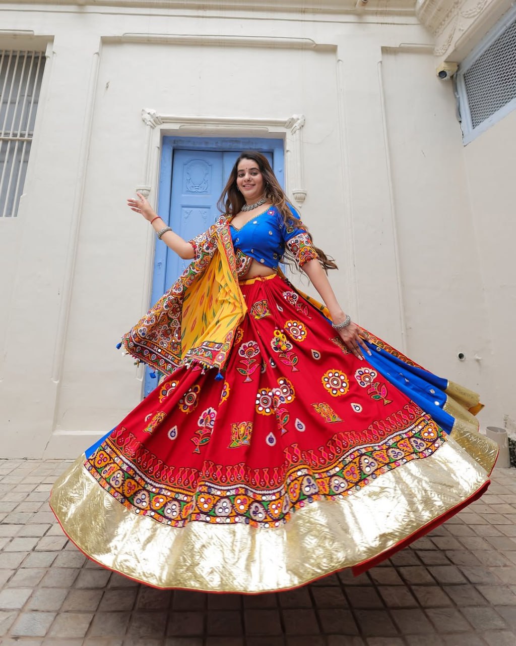 Blue Red Fancy Digital Print Real Mirror Work Navaratri Lehenga Choli