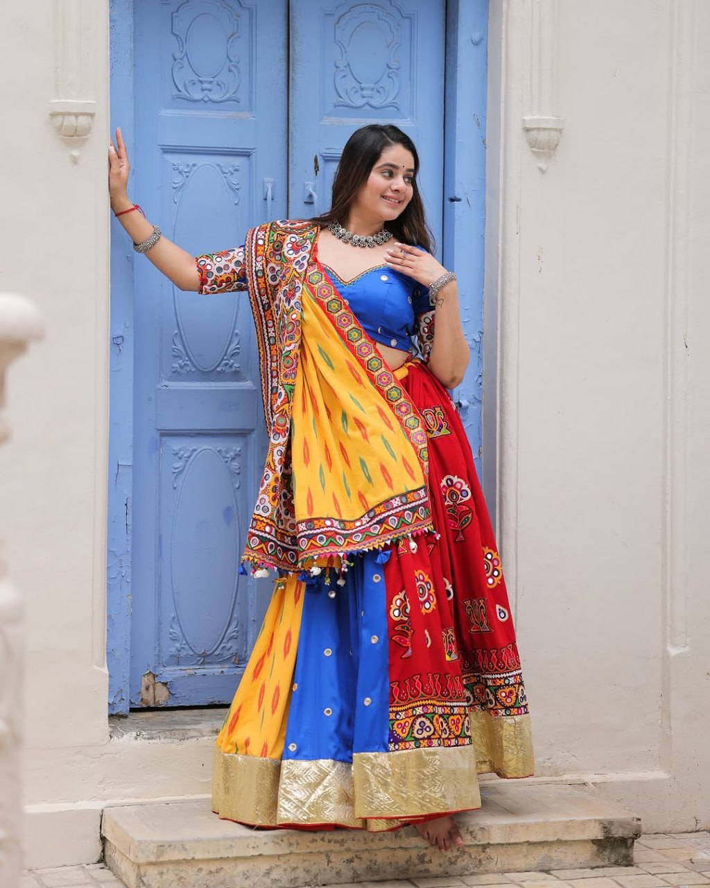 Blue Red Fancy Digital Print Real Mirror Work Navaratri Lehenga Choli