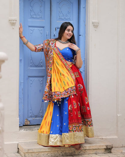 Blue Red Fancy Digital Print Real Mirror Work Navaratri Lehenga Choli