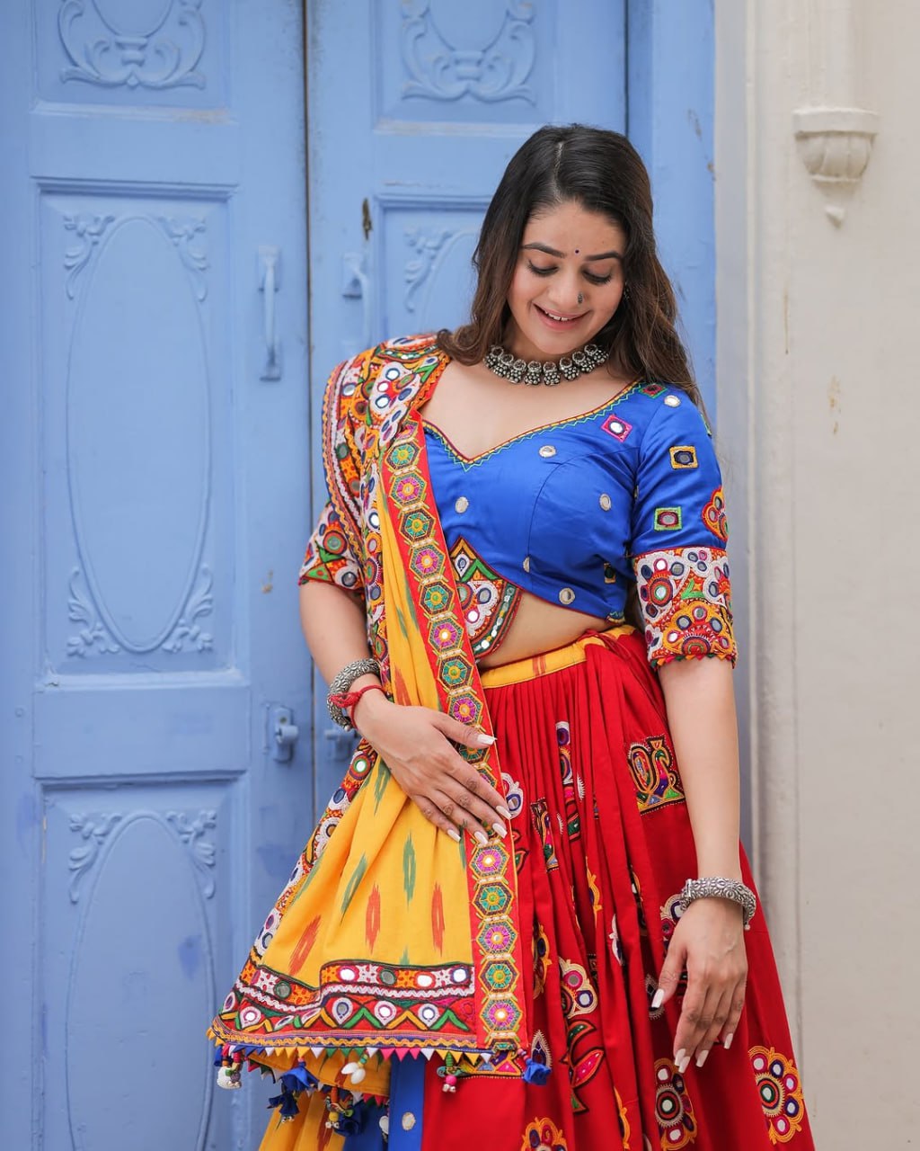 Blue Red Fancy Digital Print Real Mirror Work Navaratri Lehenga Choli