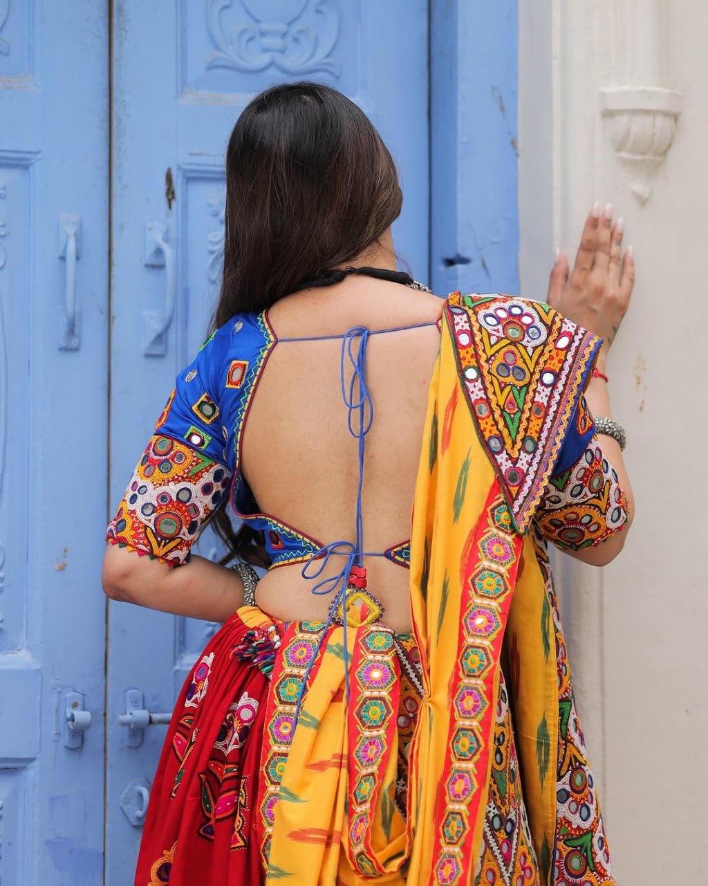 Blue Red Fancy Digital Print Real Mirror Work Navaratri Lehenga Choli