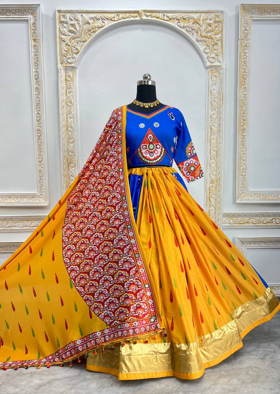 Blue Red Fancy Digital Print Real Mirror Work Navaratri Lehenga Choli