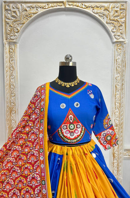 Blue Red Fancy Digital Print Real Mirror Work Navaratri Lehenga Choli
