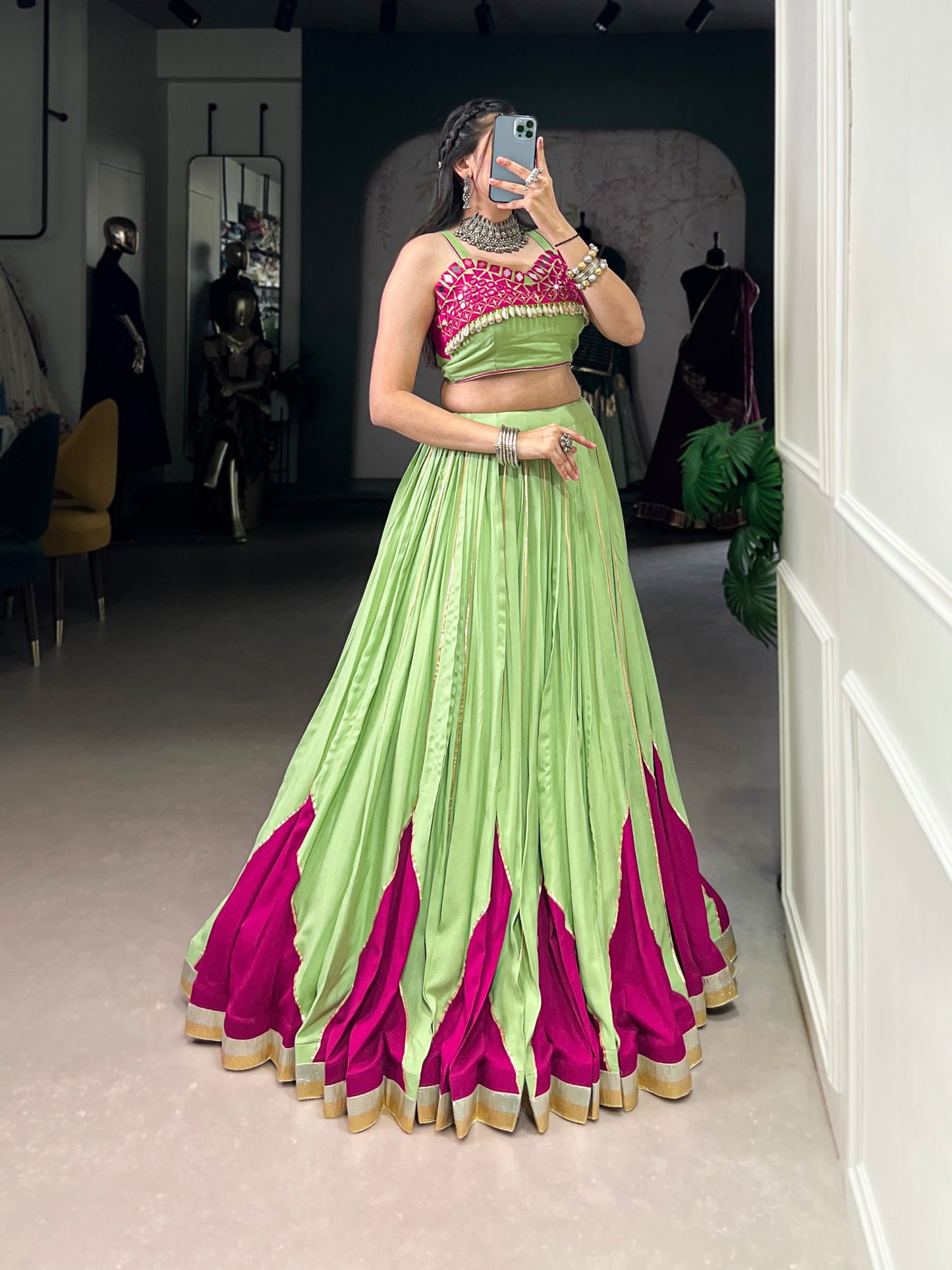 Parrot Pure Rayon Original Mirror With Kodi Work Navaratri Lehenga Choli