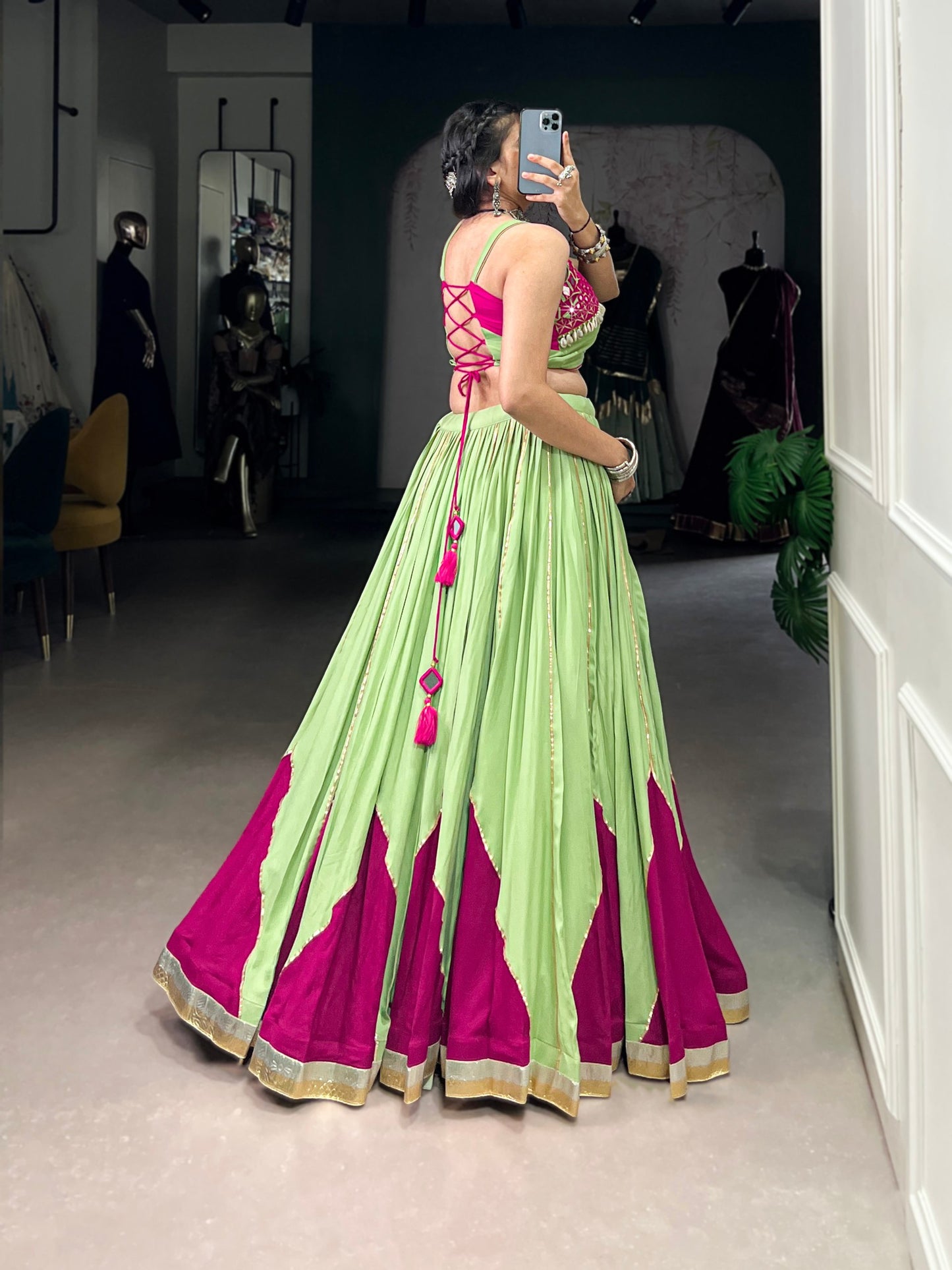 Parrot Pure Rayon Original Mirror With Kodi Work Navaratri Lehenga Choli