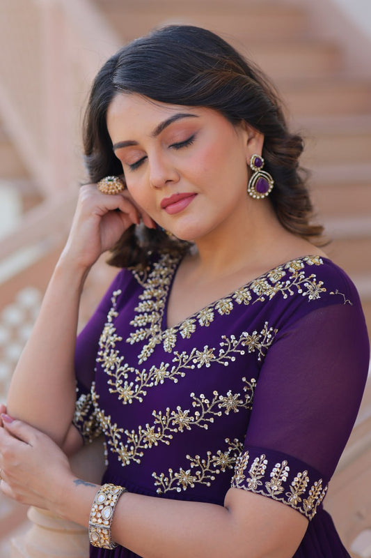 Purple Sequins Multithreaded Beads Embroidered Work Gown