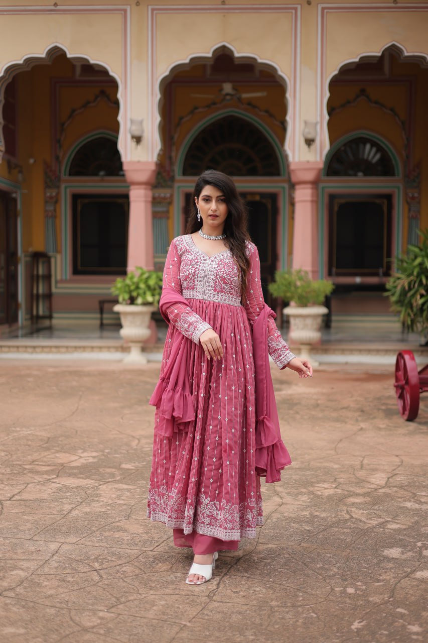 Pink Faux Georgette With Rich Sequins Thread Embroidered Work Plazzo
