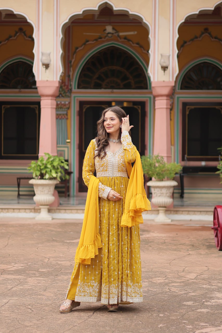 Yellow Faux Georgette With Rich Sequins Thread Embroidered Work Plazzo