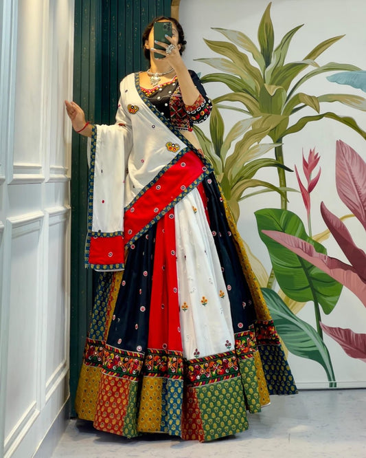 Multicolor Fancy Digital Print Real Mirror Work Navaratri Lehenga Choli