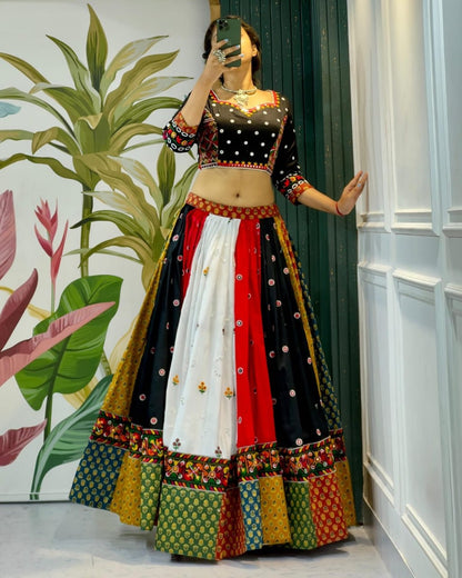 Multicolor Fancy Digital Print Real Mirror Work Navaratri Lehenga Choli