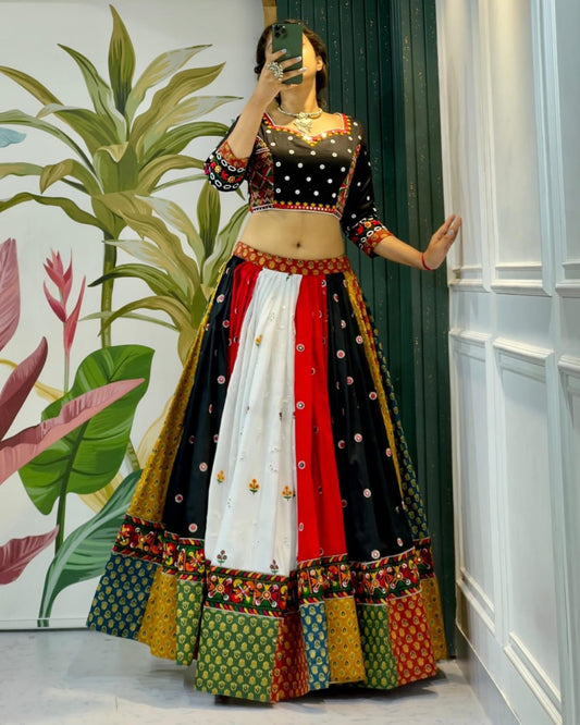 Multicolor Fancy Digital Print Real Mirror Work Navaratri Lehenga Choli