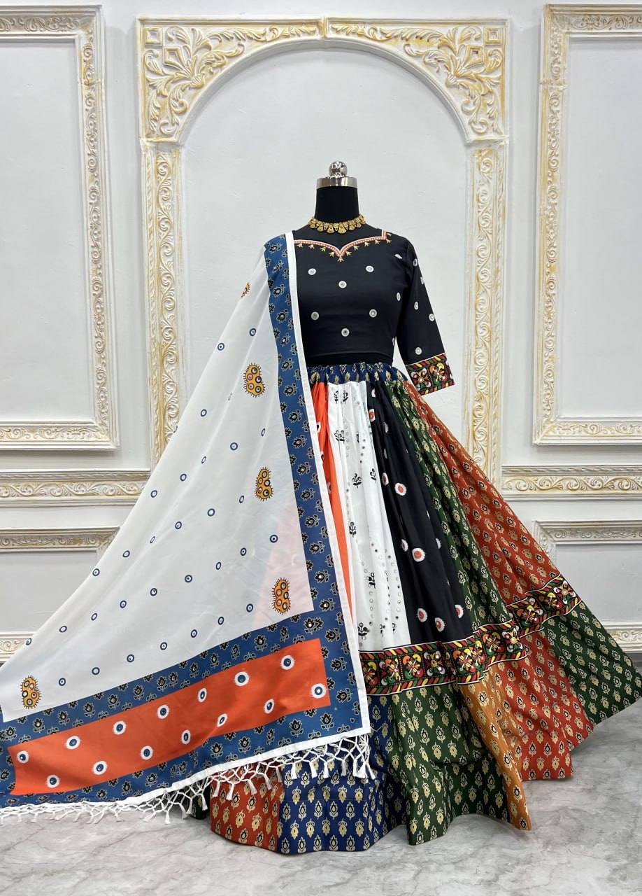 Multicolor Fancy Digital Print Real Mirror Work Navaratri Lehenga Choli