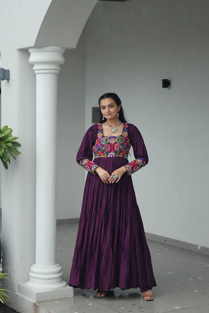 Wine Rayon Kutchi Gamthi Work Navratri Special Gown