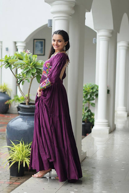 Wine Rayon Kutchi Gamthi Work Navratri Special Gown