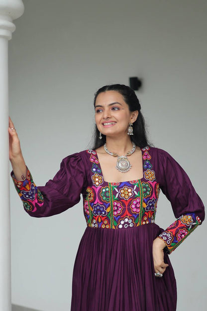 Wine Rayon Kutchi Gamthi Work Navratri Special Gown