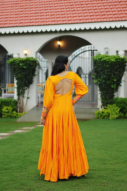 Yellow Rayon Kutchi Gamthi Work Navratri Special Gown