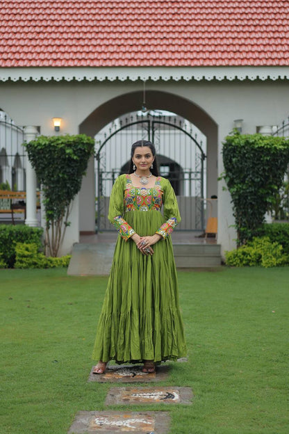 Parrot Rayon Kutchi Gamthi Work Navratri Special Gown