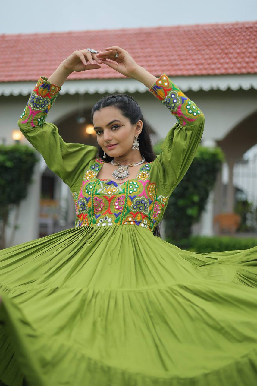 Parrot Rayon Kutchi Gamthi Work Navratri Special Gown
