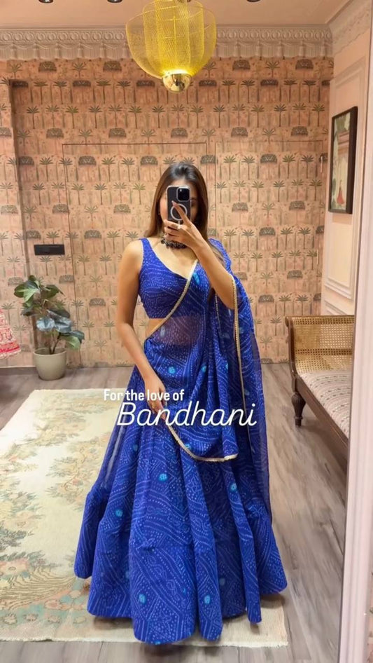 Blue Exclusive Bandhani Printed Georgette Navaratri Lehenga Choli