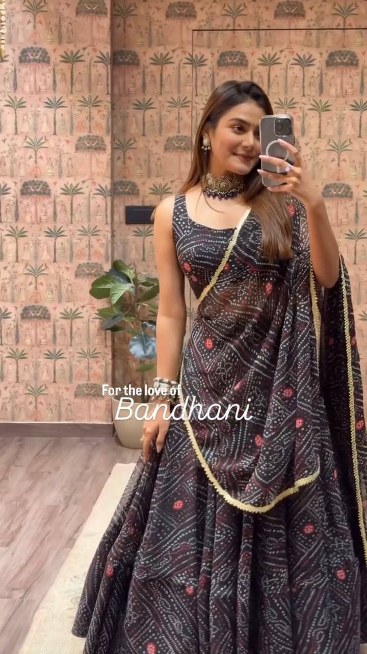 Black Exclusive Bandhani Printed Georgette Navaratri Lehenga Choli
